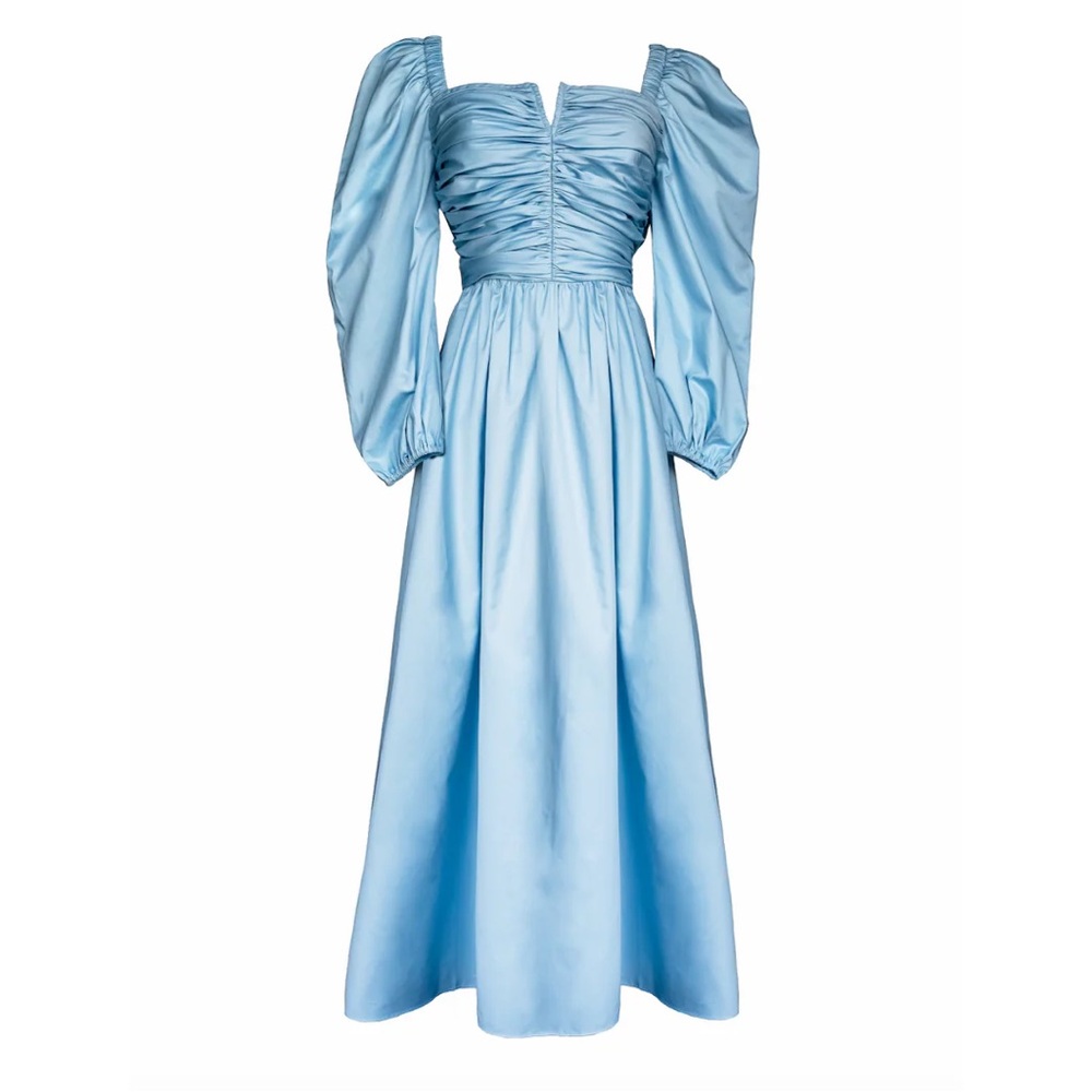 Light Blue Puff-Sleeve Midi Dress